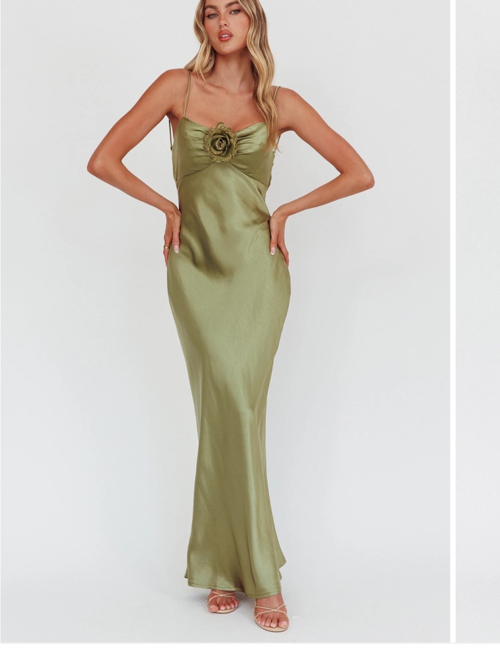 NEW Selfie Leslie Olive Green Satin Slip Maxi Dress with Rosette